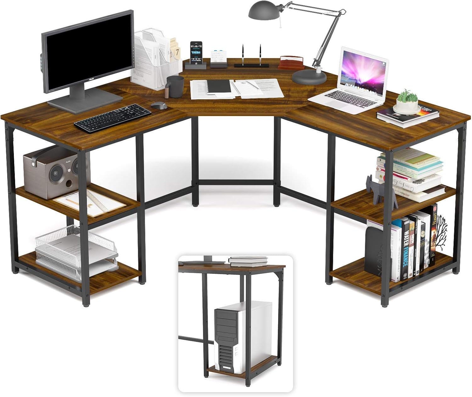 Elephance Large LShaped Computer Desk with Shelves, Corner