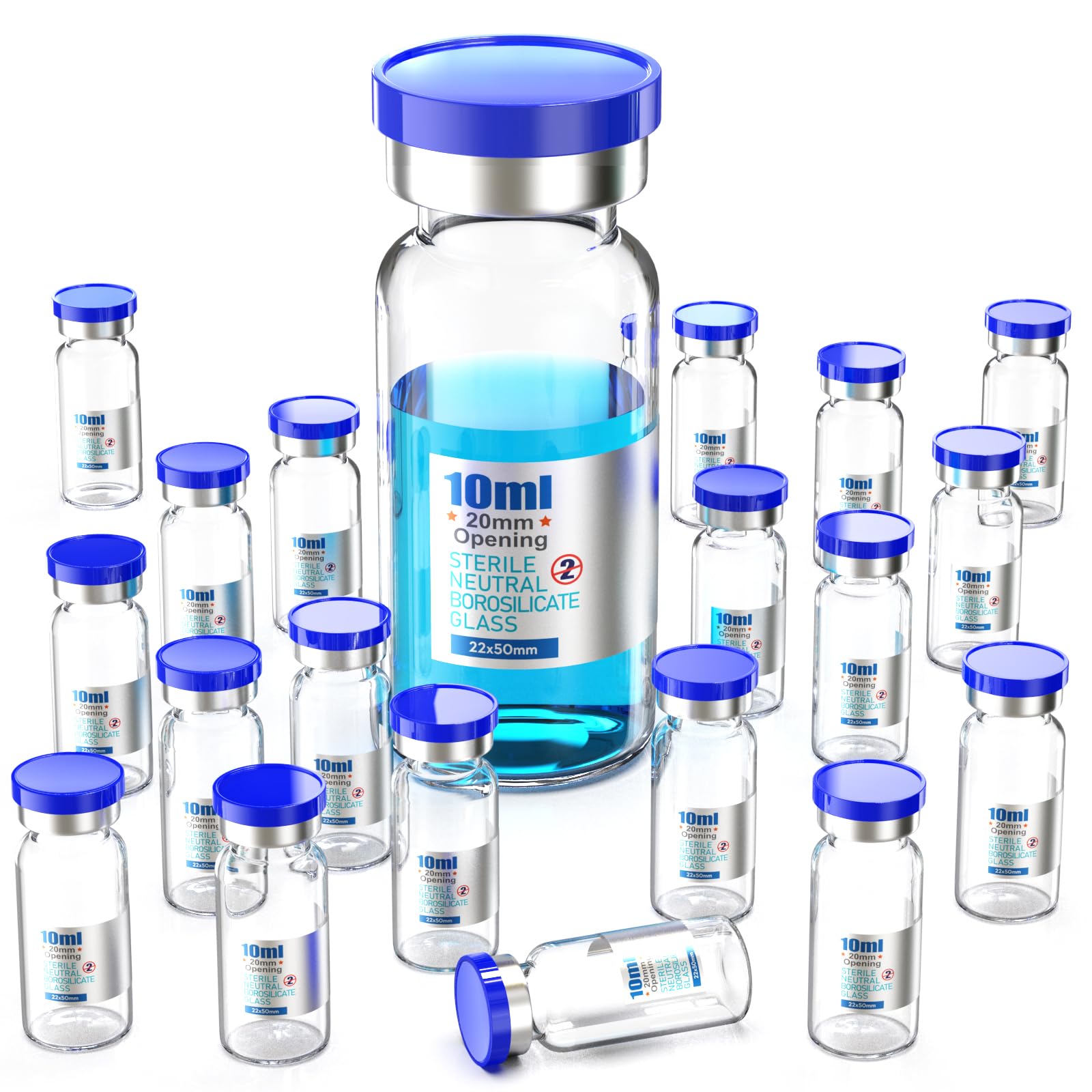 ZHANXUBIO Sterile Empty Vials with Rubber Stopper and Burr-Free Aluminum Plastics Cap, Individually Packaged 20pcs (clear, 10ml)