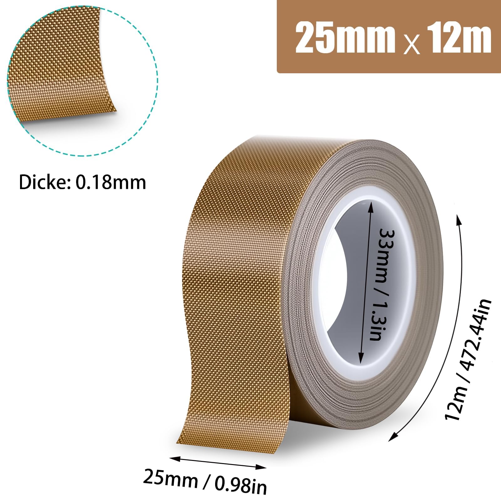 Cinta Alta Temperatura 0.18x25mmx12m Cinta Adhesiva Ignifuga de Teflon Alta Temperatura para Envasadora al Vacío Sellado a Mano