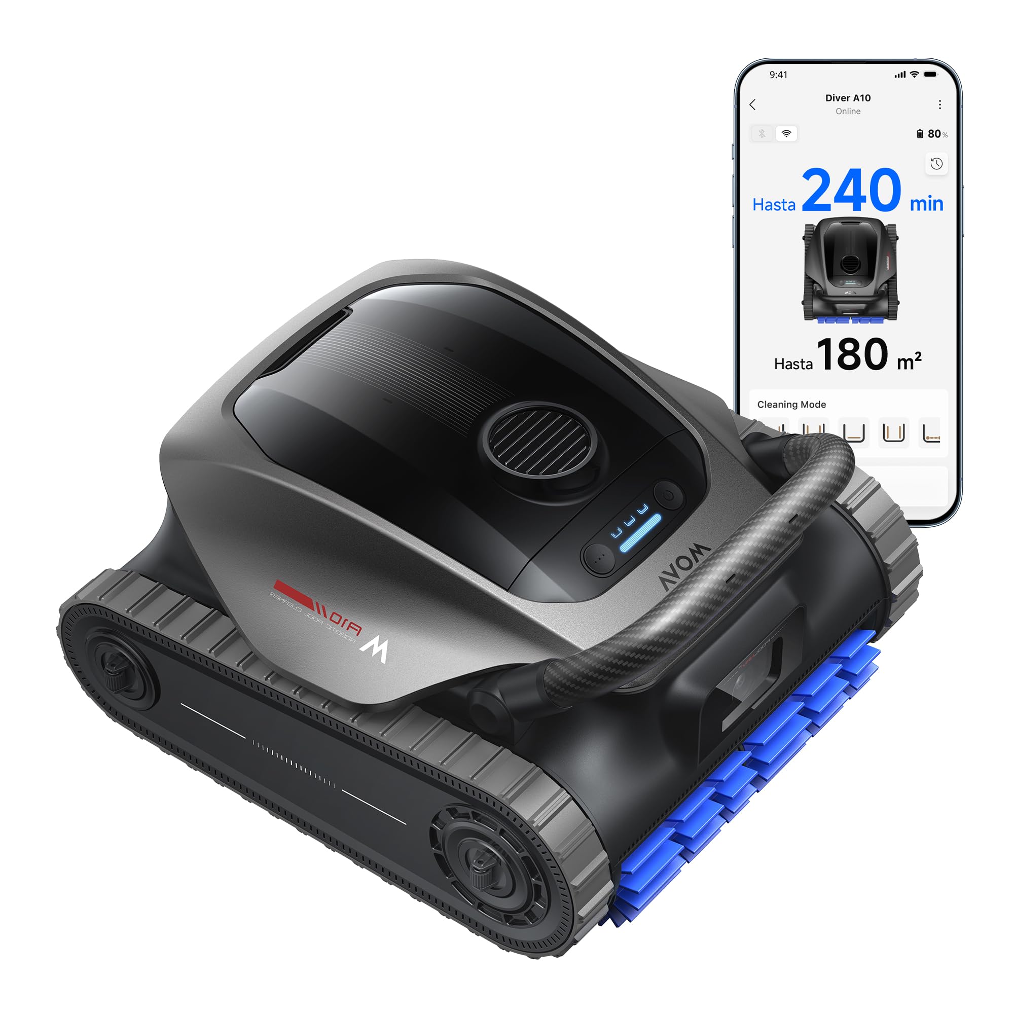 Robot Limpiador de Piscinas MOVA Diver A10, 22.700 l/h de Succión, 240 Min. de Funcionamiento, Limpieza de Bordes y Planificación de Rutas con IA, Doble Limpieza de Líneas de Agua, Gran Filtro de