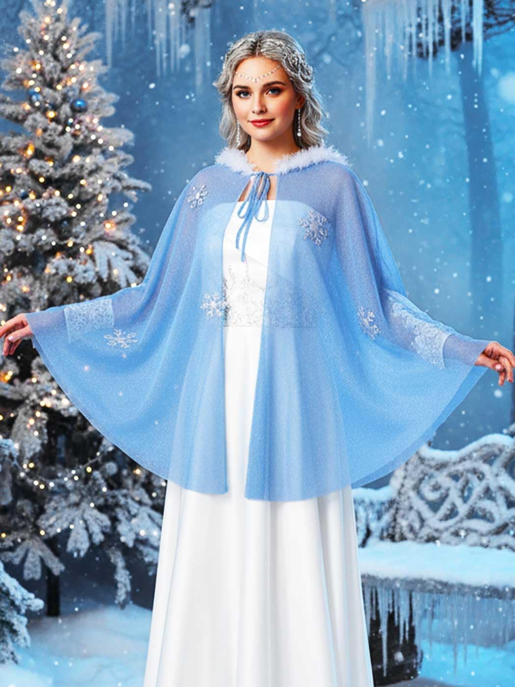 GORAIS Snowflake Hooded Cape Blue Short Princess Cloak Christmas Costume Adult Cape for Women (Blue)