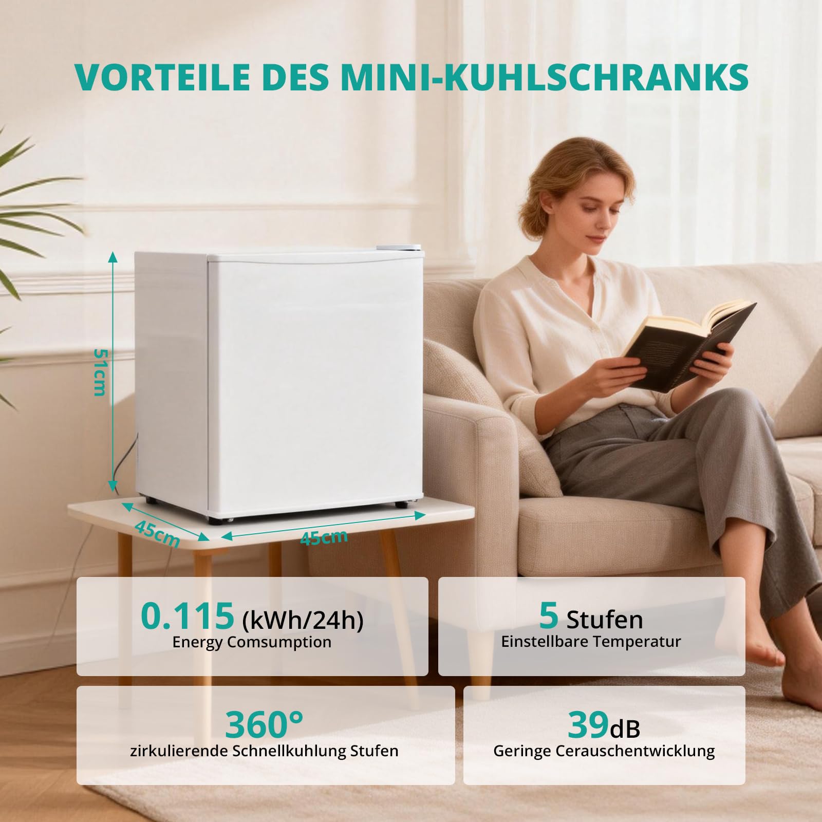 SMETA 46L Mini Kühlschrank, Klein Kühlschrank Leiser 39dB, Getränkekühlschrank 6-Stufen Thermostat 0-10°C, mit wechselbarem Türanschlag für Zuhause Büro Camping Schlafzimmer, Weiß