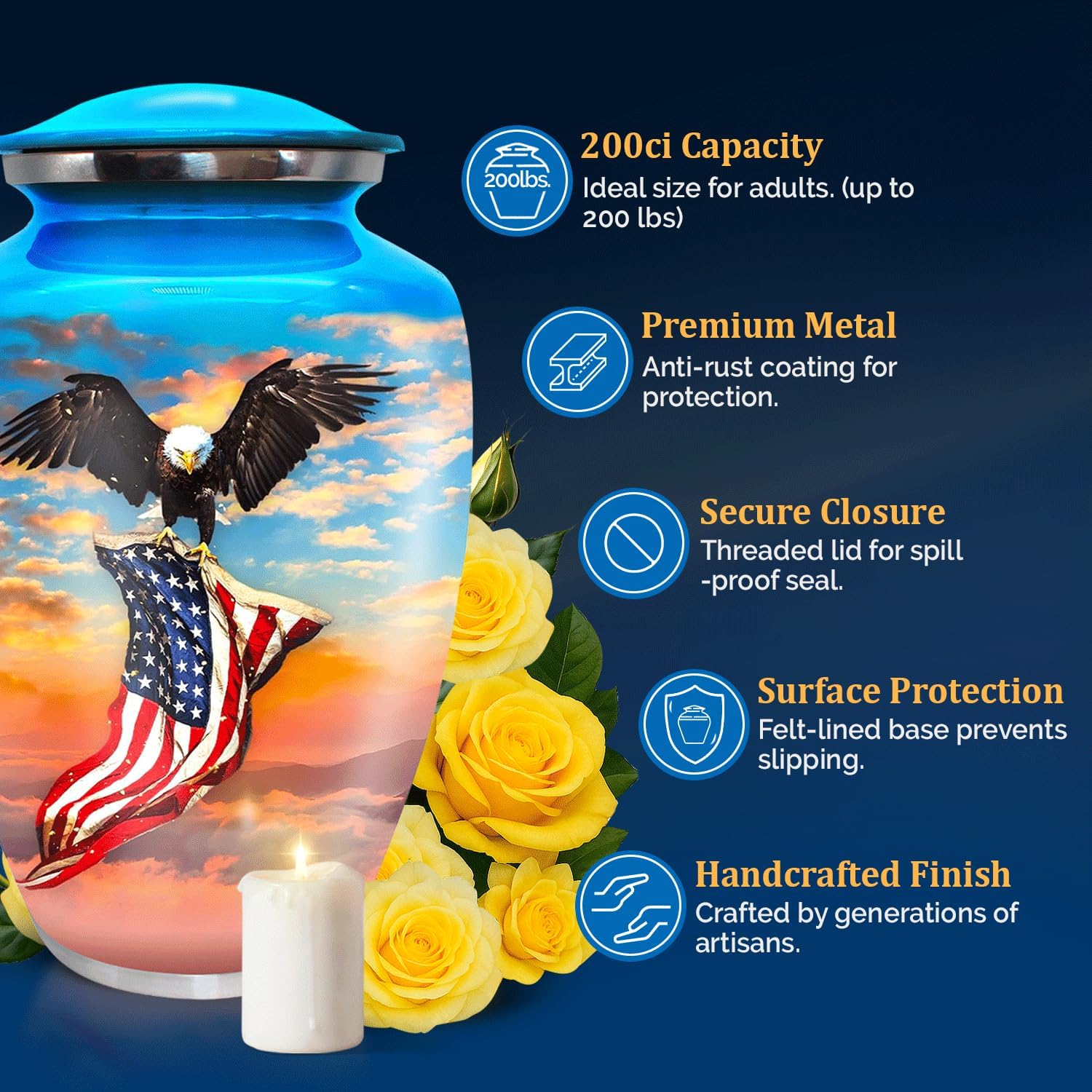 Urn for Ashes Adult Male - Patriotic Cremation Urns for Human Ashes Adult Man with Eagle & American Flag Designs - Elegant Memorial Urns for Veterans, Dad, or Husband - Image 2