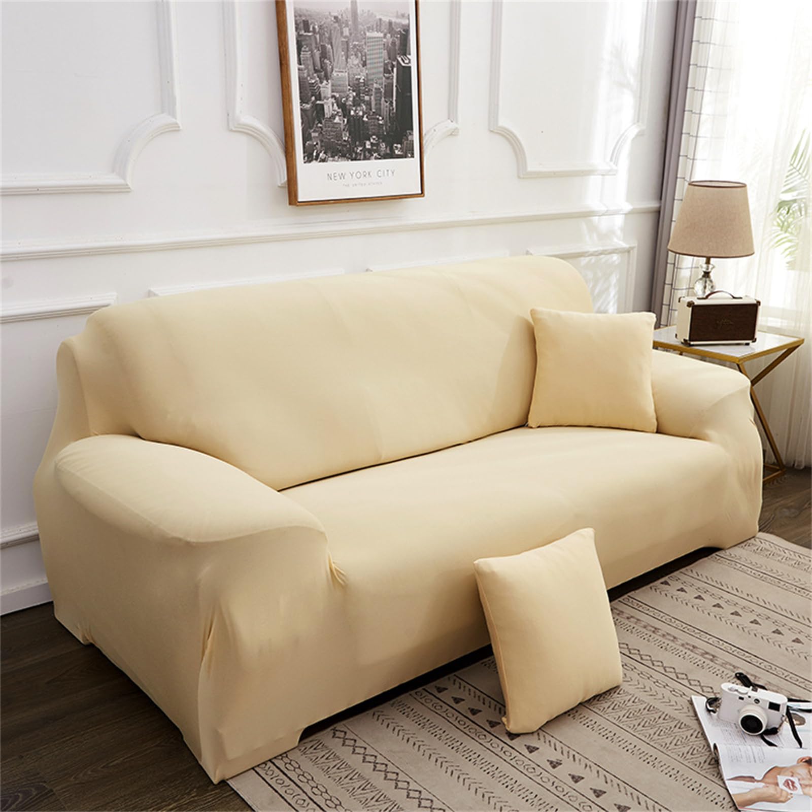 Hearda High Stretch Sofa Covers 1/2/3/4 Seater, Solid colours Soft Elastic Non Slip Sofa Slipcover Washable Universal Couch Sofa Cover for Kids Pets Living (beige,3 Seats)