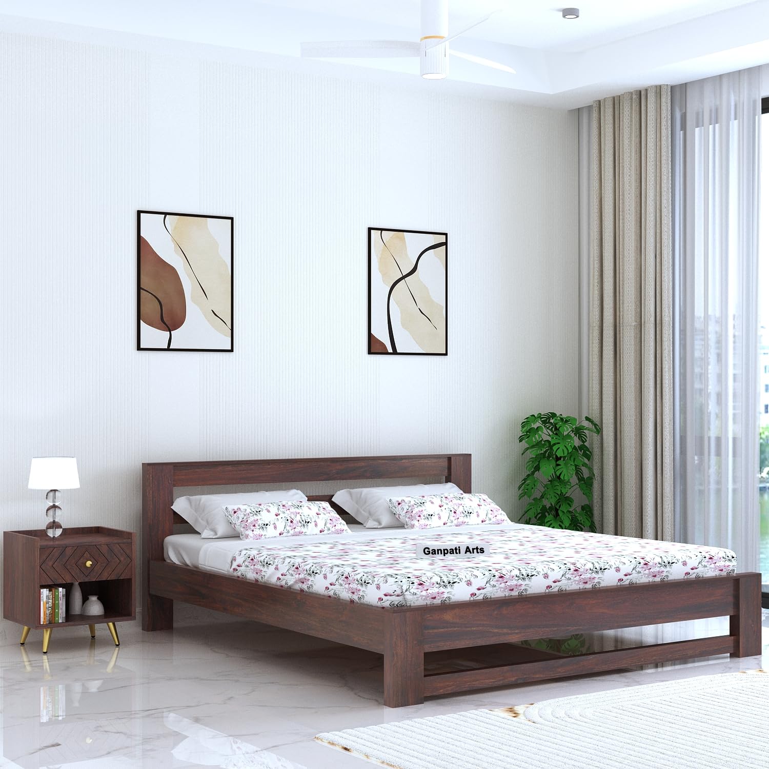 Ganpati Arts Sheesham Wood Foster King Size Bed Without Storage for Bedroom | Wooden Double Bed Cot Palang Furniture for Living Room Home Hotel (Walnut Finish)