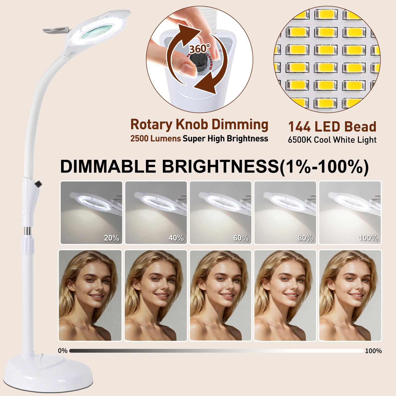 10-fach-Lupenleuchte für Kosmetiker, 2500 Lumen | Flexibler Schwanenhals, Stufenlos Dimmbar LED, Standlupenleuchte, Für Wimpernverlängerung, Tattoos, Nägel Beauty- & Salon