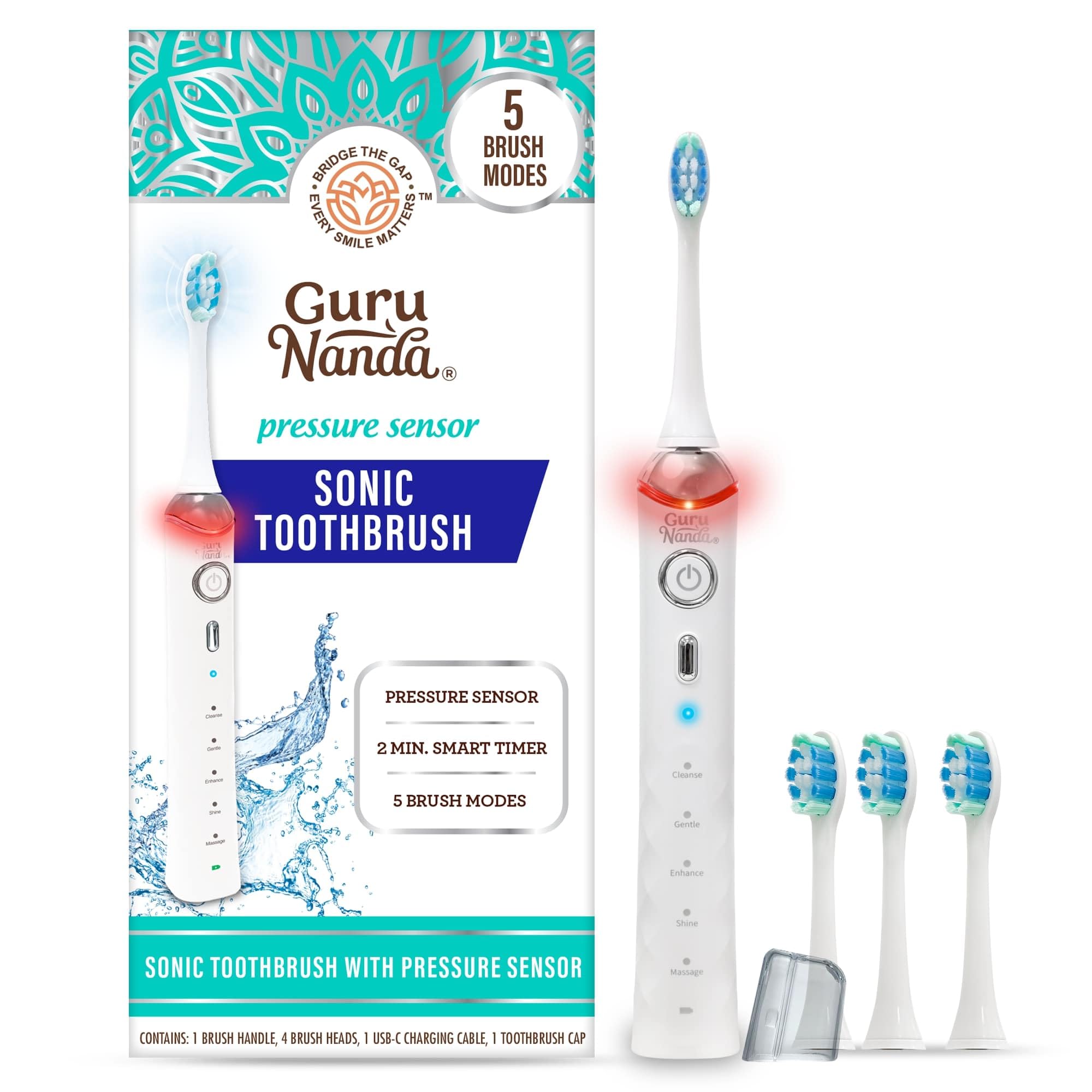 GuruNanda Pressure Sensor Sonic Electric Toothbrush - Rechargeable Toothbrush with 5 Modes, Memory Function, 2-Min Smart Timer & 4 Replacement Heads, White