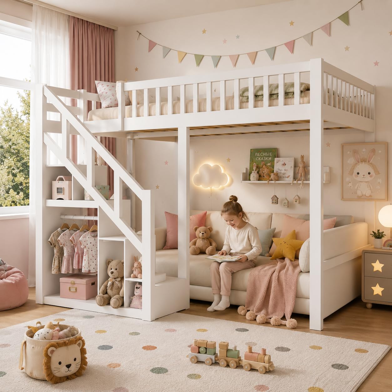 Cama infantil de 90 x 200 cm, litera de 90 x 200 cm, con escalera y armario de almacenamiento, cama funcional juvenil, cama doble con rejilla y protección anticaídas, madera maciza
