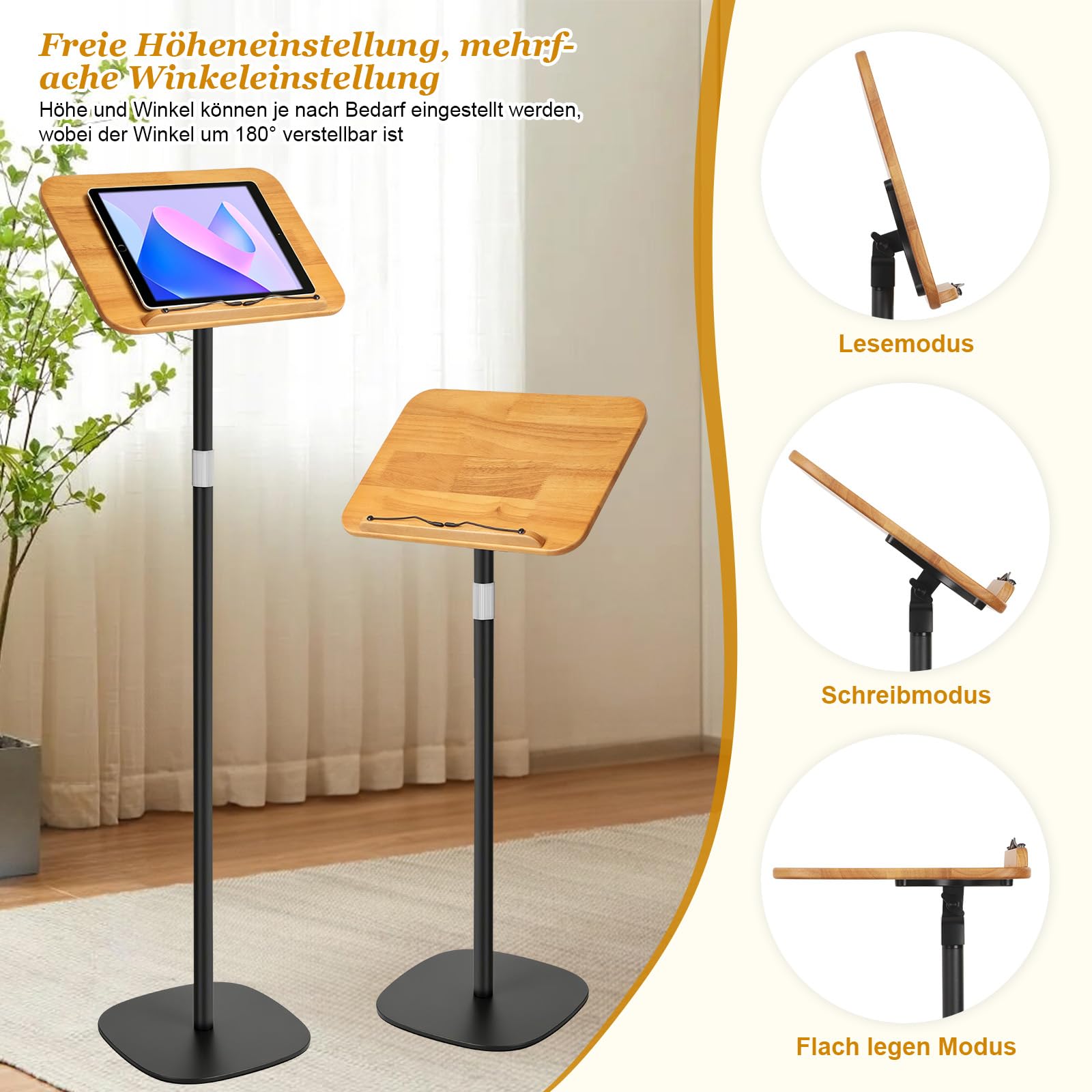 Buchständer Höhenverstellbar 50-130cm Boden Tisch Notenständer Buchhalter | 2 in 1 Verstellbarer Holz Leseständer mit Seitenclip 180°-Neigung für Musiknoten, Rezepte, Tablet, Laptop, Kochbuch