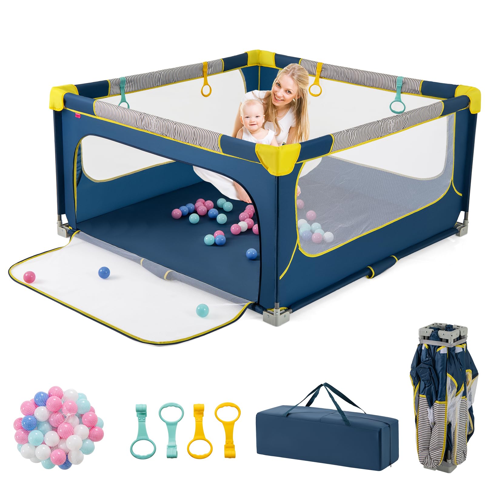 COSTWAY Recinto per Neonati Pieghevole 150x150 cm Tessuto Oxford con Rete Traspirante, Centro Attività con 50 Palline (Blu)