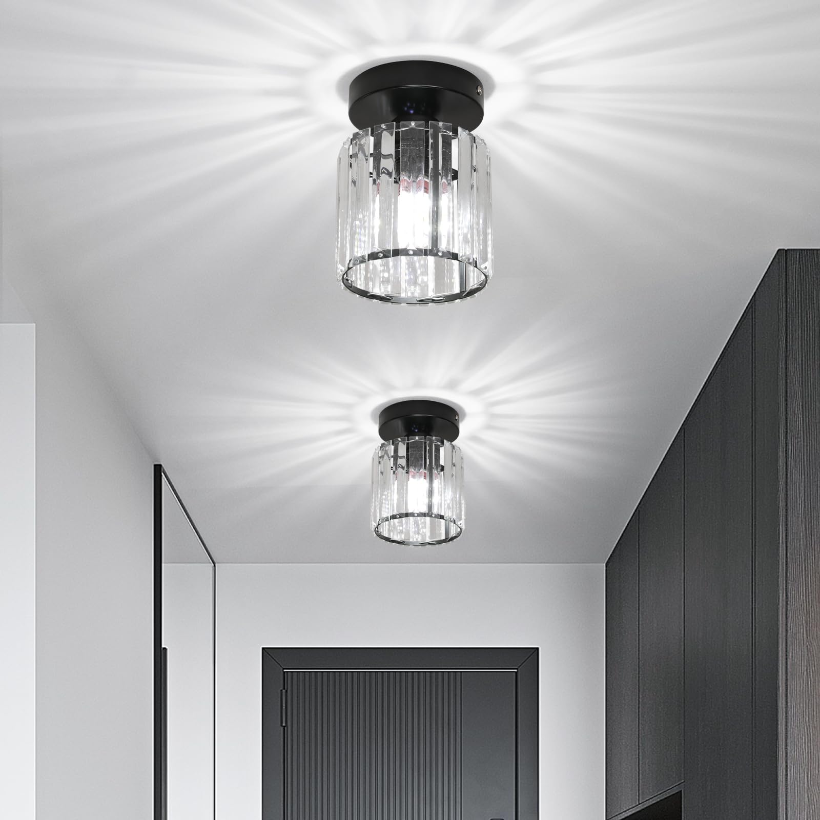 Goeco 2 Pack Crystal Ceiling Light, Modern Industrial Semi Flush Mount Ceiling Light Fixtures, E26 Black Indoor Lighting Fixture for Hallway, Entryway, Bathroom, Kitchen, Dining Room, Living Room