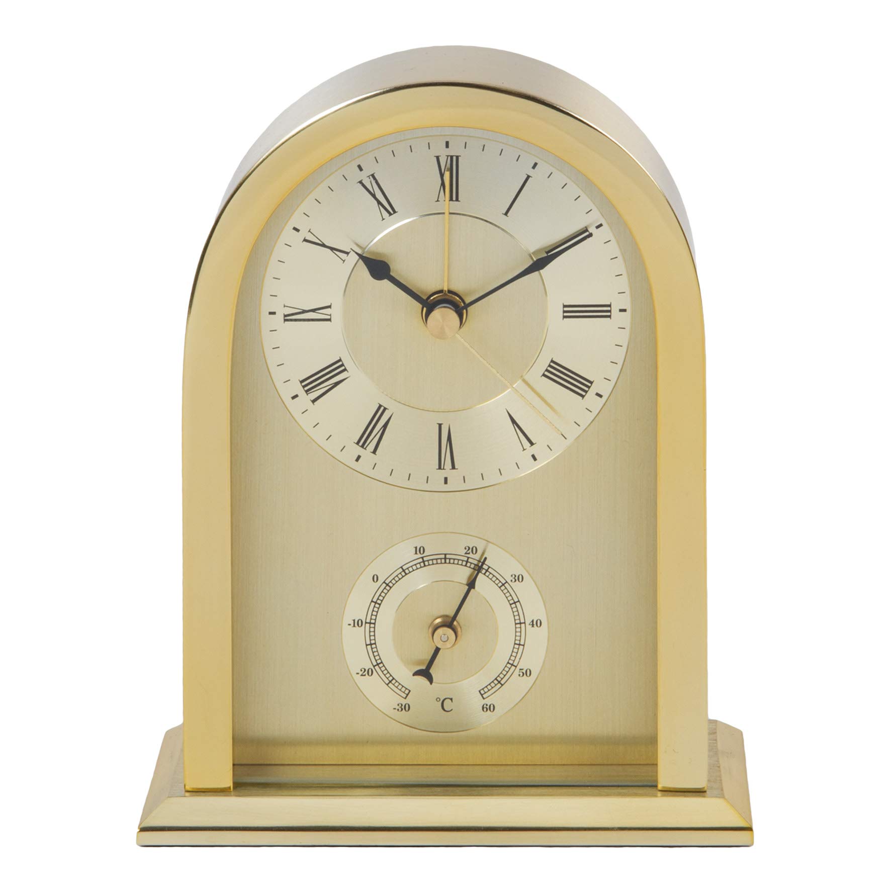WM Widdop Un impresionante reloj de carruaje arqueado acabado dorado cepillado con termómetro calibre