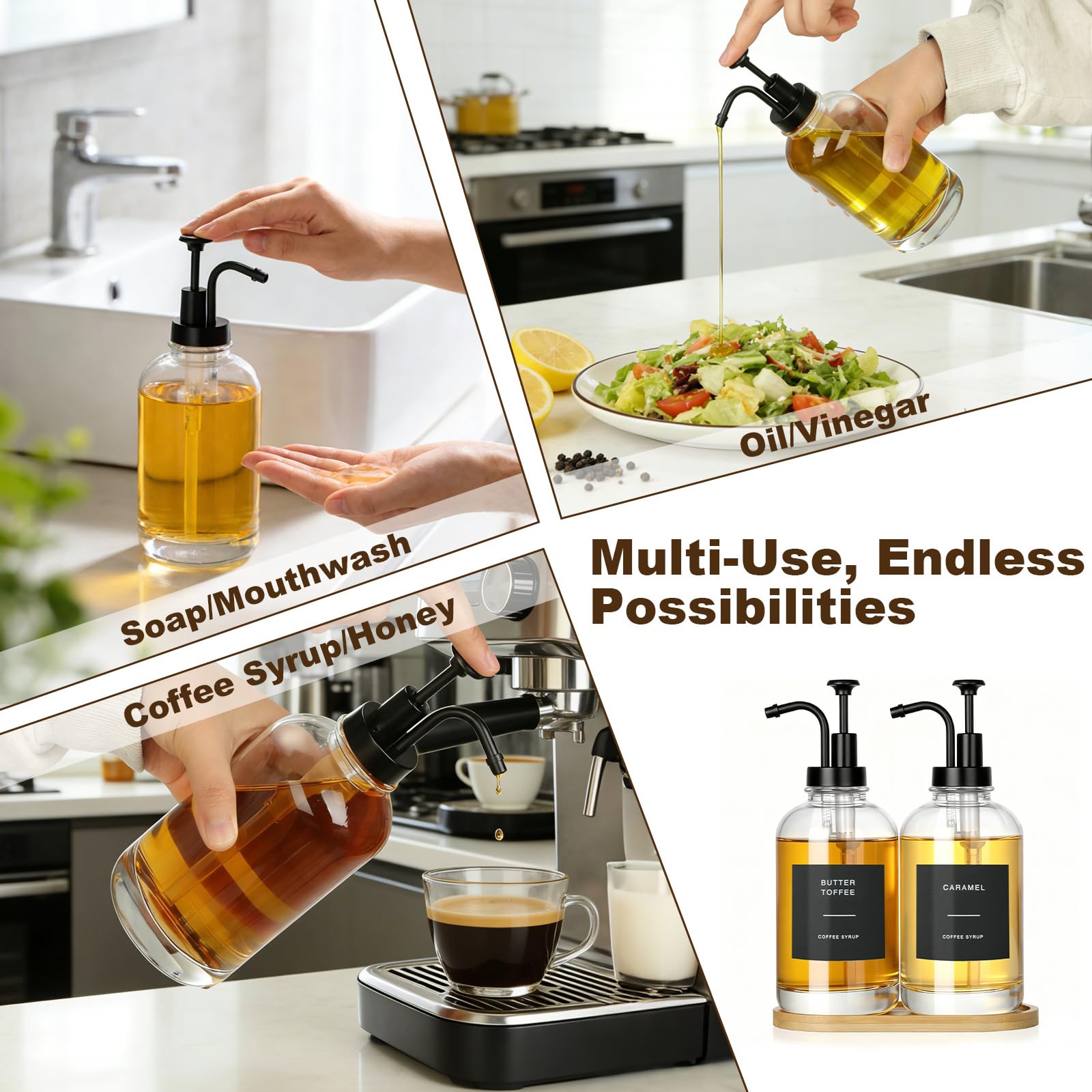 VINATO Set di 2 Dispensatore Olio e Aceto con Vassoio in Bambù,500 ml Dispenser per Sciroppi,Bottiglia di Sciroppo in Vetro con 36 Etichette con Pompa per Cucina,Caffè Bar
