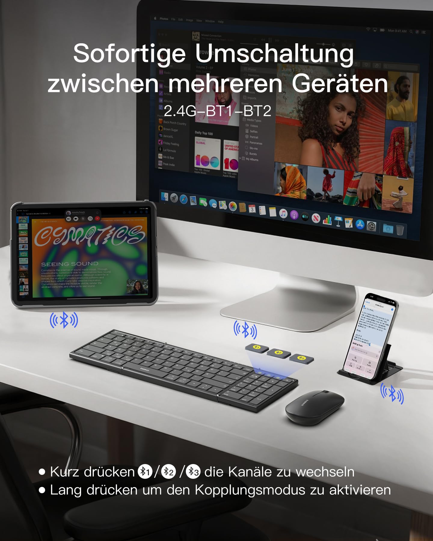 Inateck Faltbare Bluetooth 5.3 tragbare Tastatur und Tri-Mode-Maus-Set mit Numpad, verstellbarem Ständer, Tragetasche, kompatibel mit Tablets, Handys, Laptops, PCs (Windows/iOS/Android)
