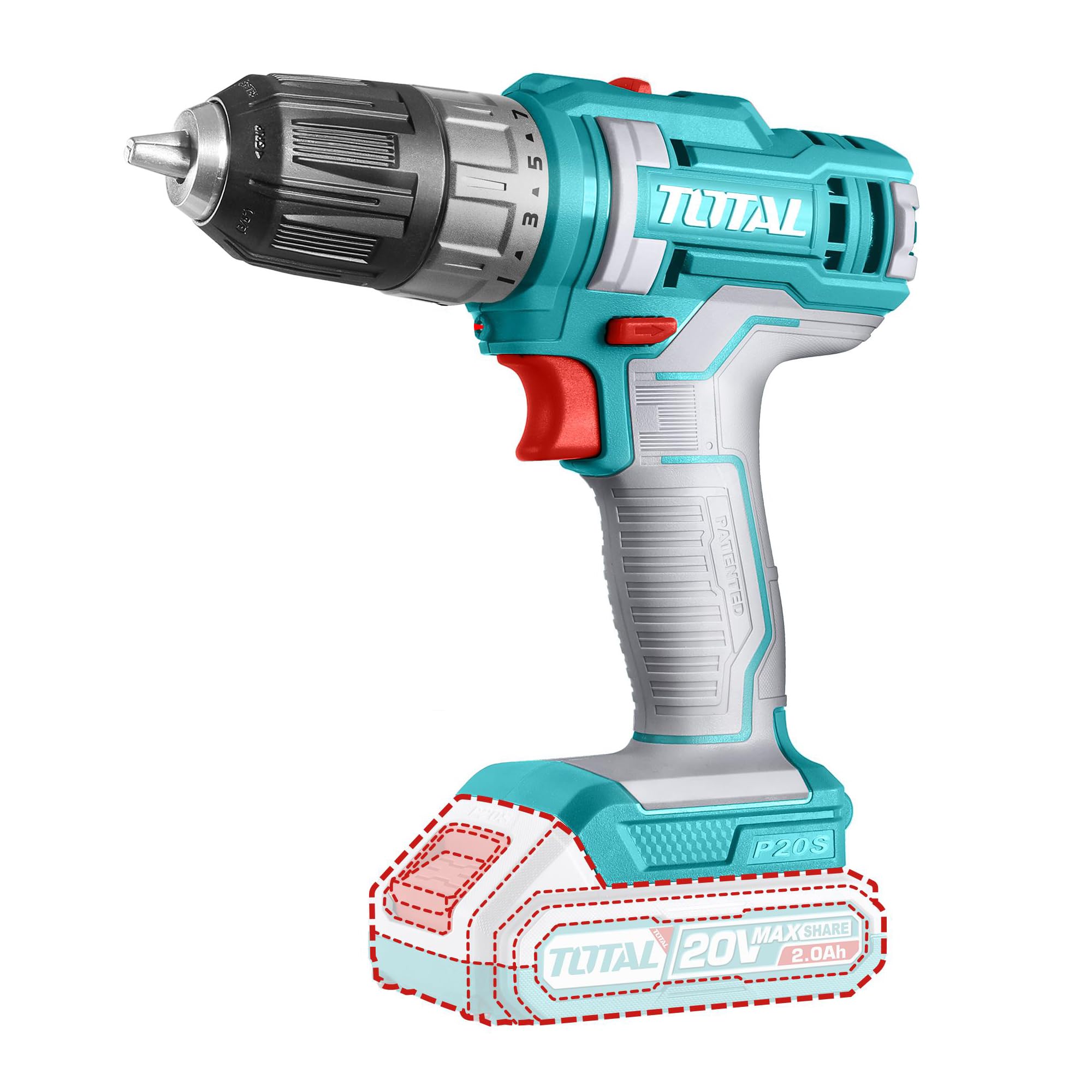 Super Total 20V Lithium-ion Rechargeable Cordless Impact Drill- 0-1500 RPM, 45Nm Torque, 2-Speed Gear, Keyless Chuck, LED Light - Includes 1 Cr-V Bit & 3 Drill Bits (Battery & Charger Sold Separately)