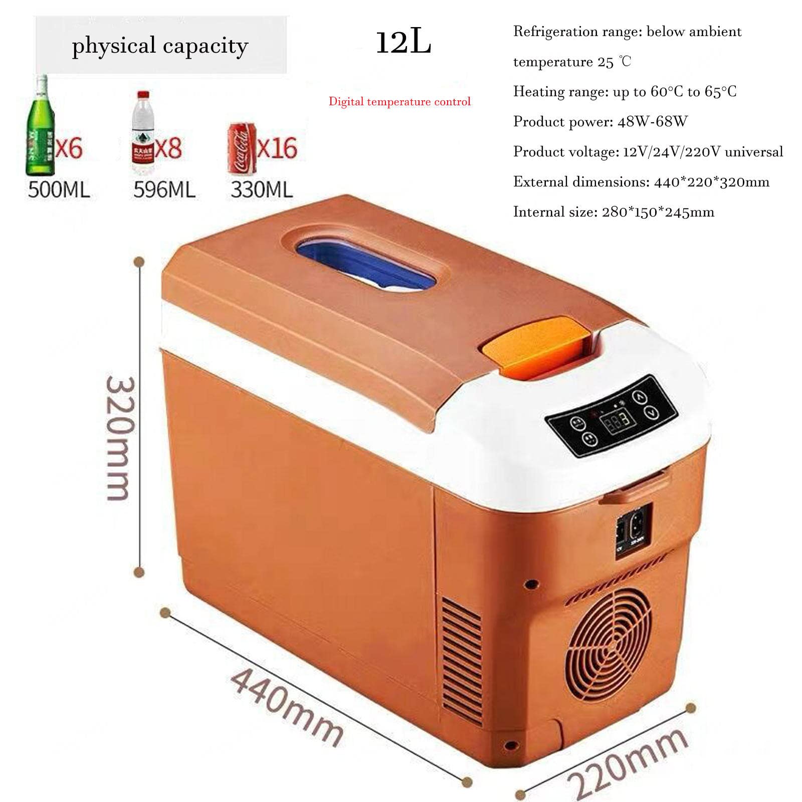 Lodówka Elektryczna 12 L, Minilodówka 230 V I 12 V / 24 V Na Kemping, Chłodzenie I Ogrzewanie, Tryb ECO,Brown-12L