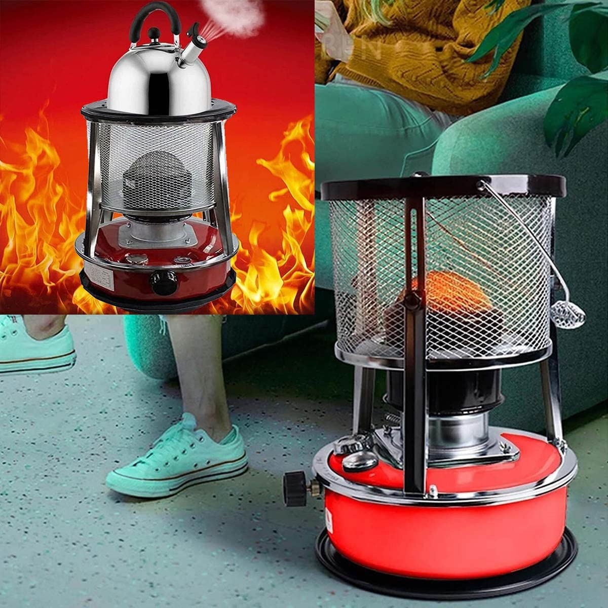 9000Btu/H Chauffage D'appoint Petrole, 4.5L Poele A Petrole De Feu Réglable Pour Terrasse Accueil Intérieur Extérieur Terrasse De Camping,Rouge