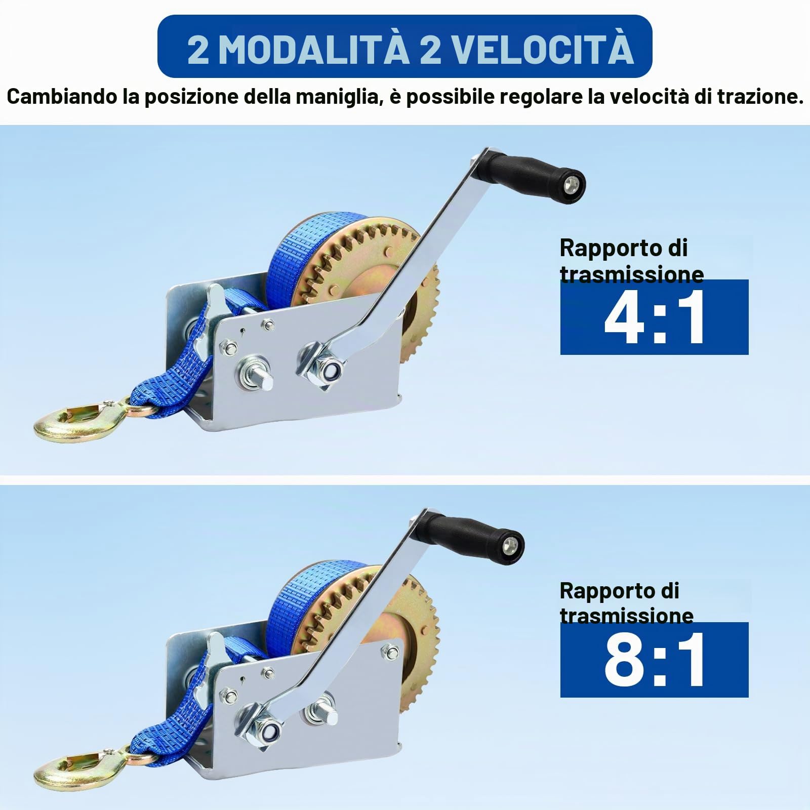 FreeTec Verricello Manuale con Cinghia 1130Kgs (2500Lbs) Argano Manuale con 10 m di Cinghia di Alaggio per Barche Auto