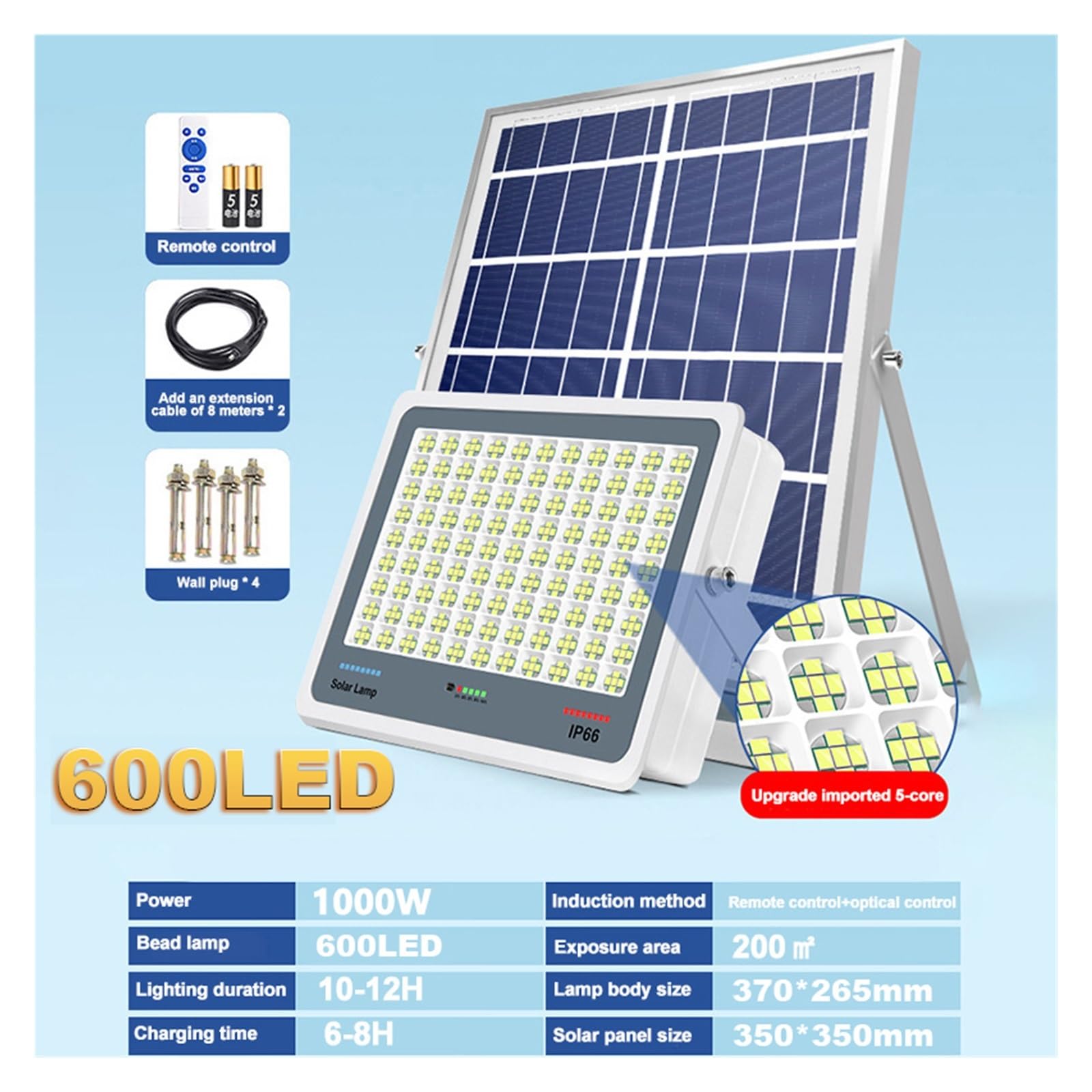 Lampa solarna zewnętrzna, Lampa słoneczna LED o mocy 1000 W Wodoodporny reflektor 4-1 Bardzo wysoka jasność Duża moc Zewnętrzny ogrodowy Indukcyjna lampa uliczna