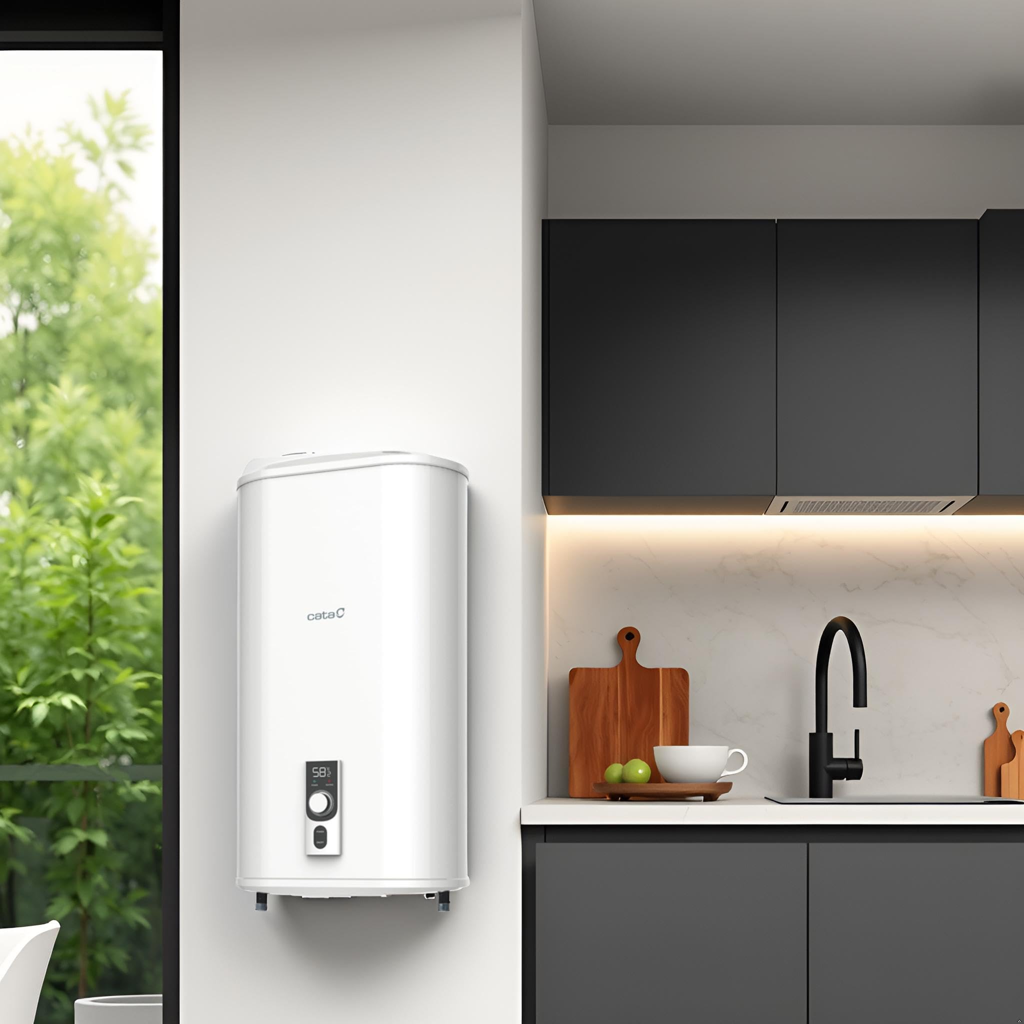 Cata Termo Eléctrico Reversible CTRS-50 E-REV SLIM Capacidad de 46L Doble Tanque Protección Super aislamiento Indicador Anti-hielo Potencia 2.000W Display Digital Color Blanco