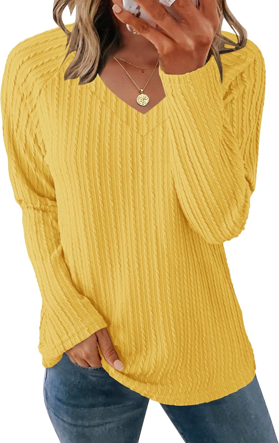 AUSELILY Womens Long Sleeve Shirts Casual V Neck Lightweight Pullover Tops 2025 New