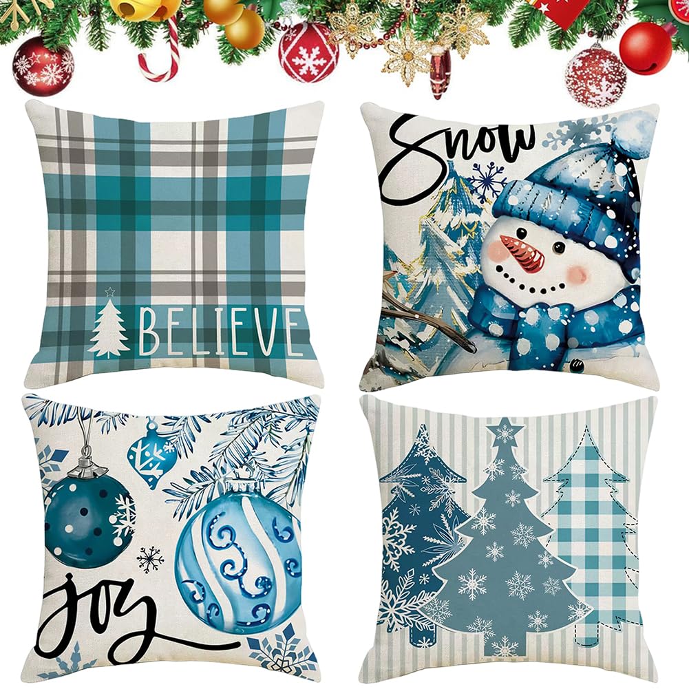 Wfkkmeq H Christmas Cushion Covers Set, 4Pcs Santa Claus Decorations Pillow Cases Snowman Sofa Couc Pillowcases Xmas Decorative Pillow Case Coverholiday Decor Cushion Case Sofa Couc Living Room(45X45cm)