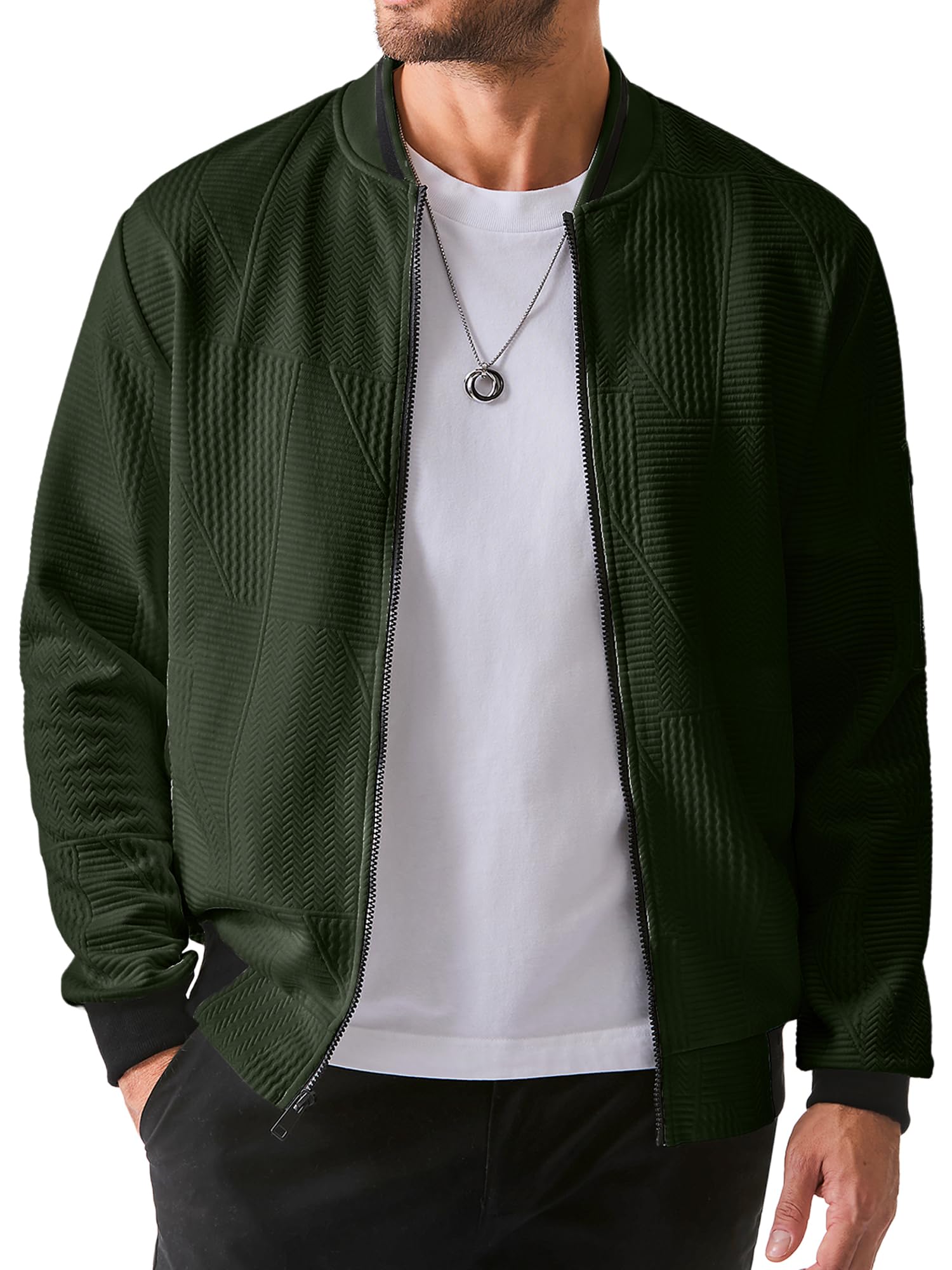 JMIERRMens Casual Jacquard Bomber Jackets Color-Block Lightweight Varsity Jacket Fashion Zipper Coat with Pockets