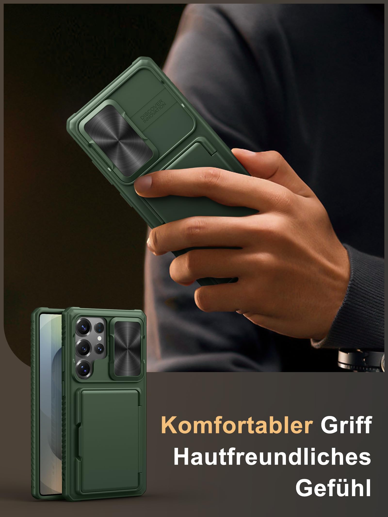 Vihibii per Samsung Galaxy S25 Ultra custodia con porta carte [RFID Blocking] & protezione per fotocamera con cursore, robusta custodia in TPU antiurto con protezione militare antigraffio in silicone