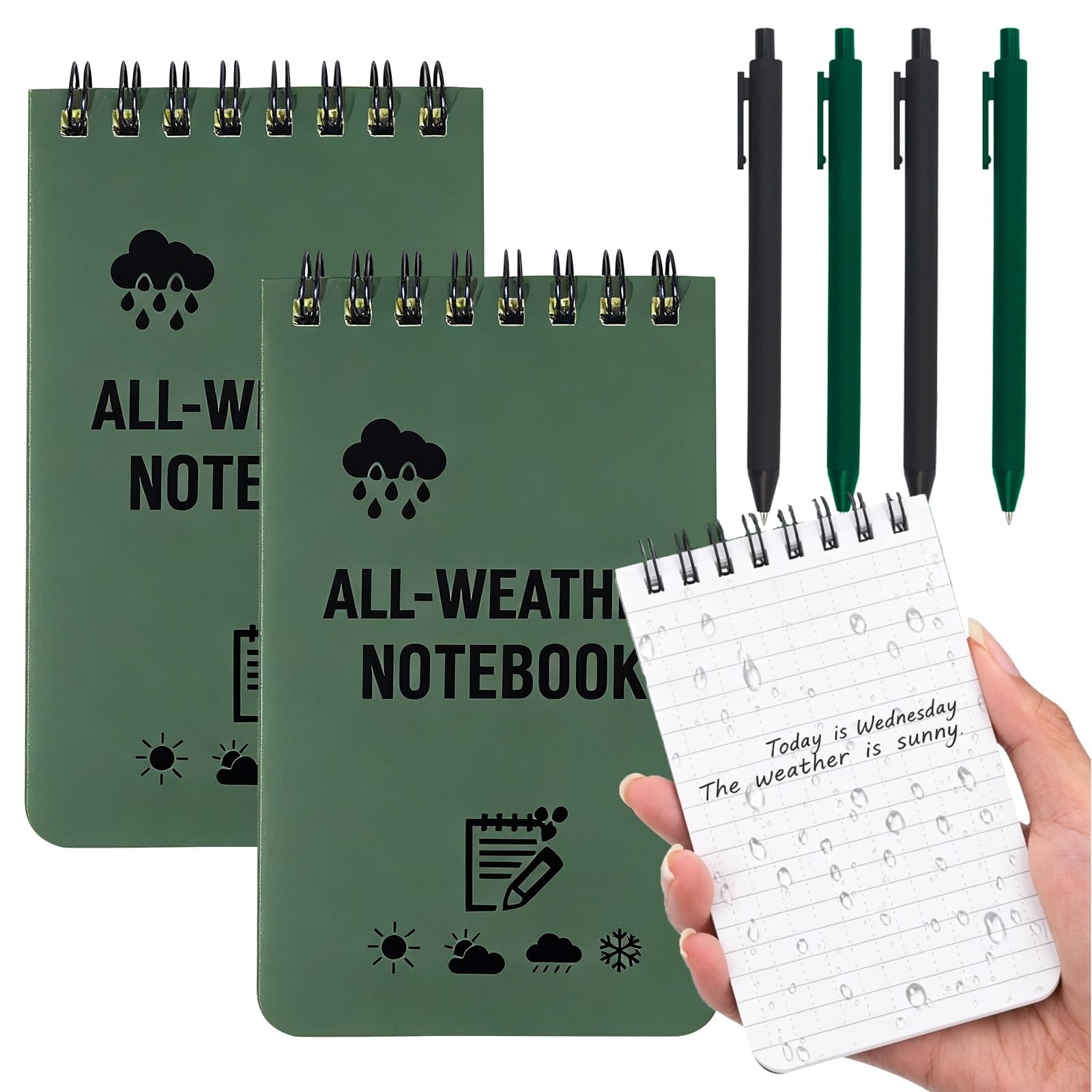 Nlsqw 2 Pack Waterproof Notebook, Waterproof Notepad, 3x5in All Weather Notebook And 4 Pens, 50 Page Reusable Small Notebooks, Top Spiral Bound Pocket Notebook, For Outdoor Activity Recording