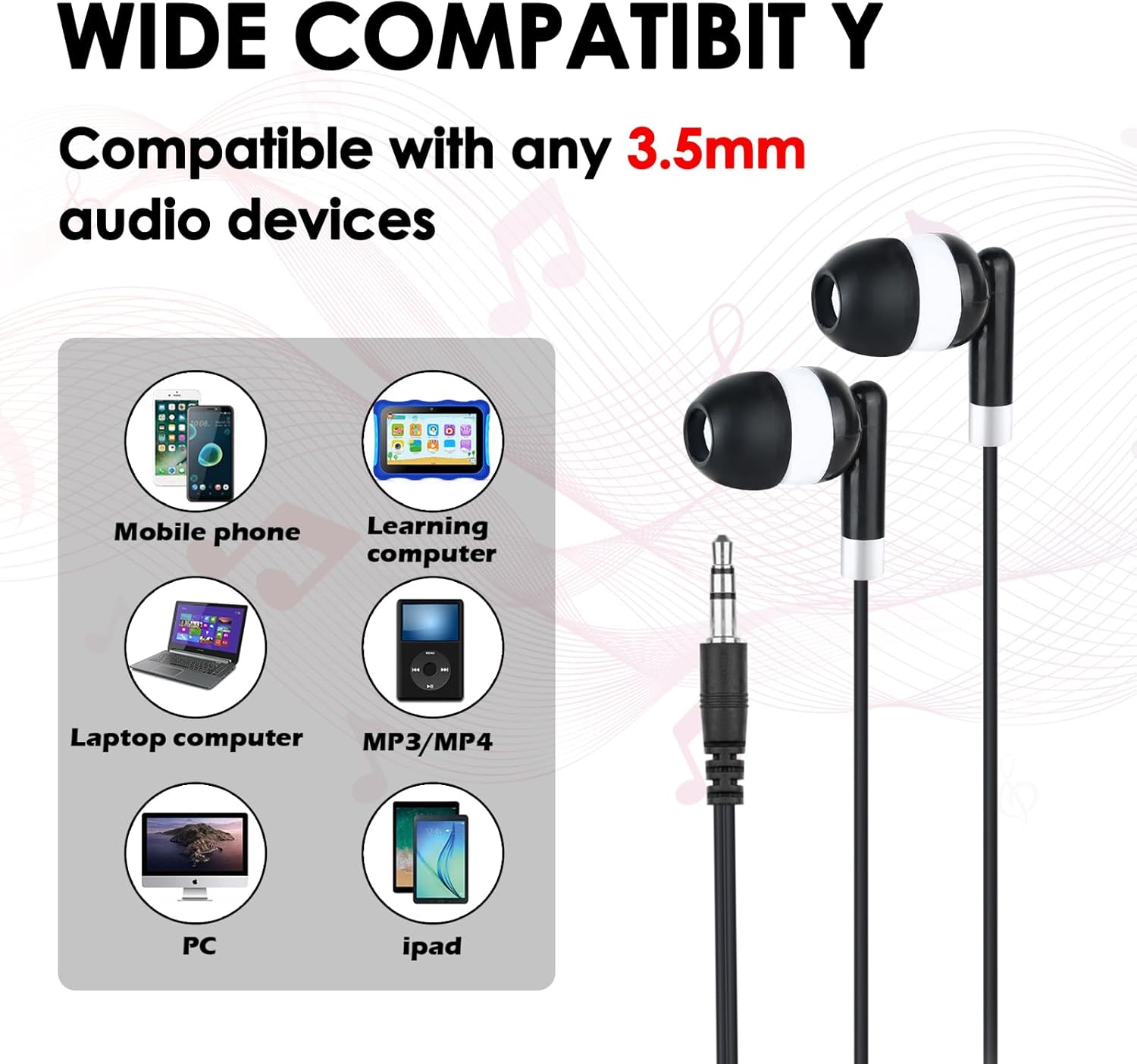 Kids Bulk Earbuds for Classroom School 100 Pack,Wholesale Students Wired Earphones 3.5mm Colored Perfect for School Classroom Libraries (Black)