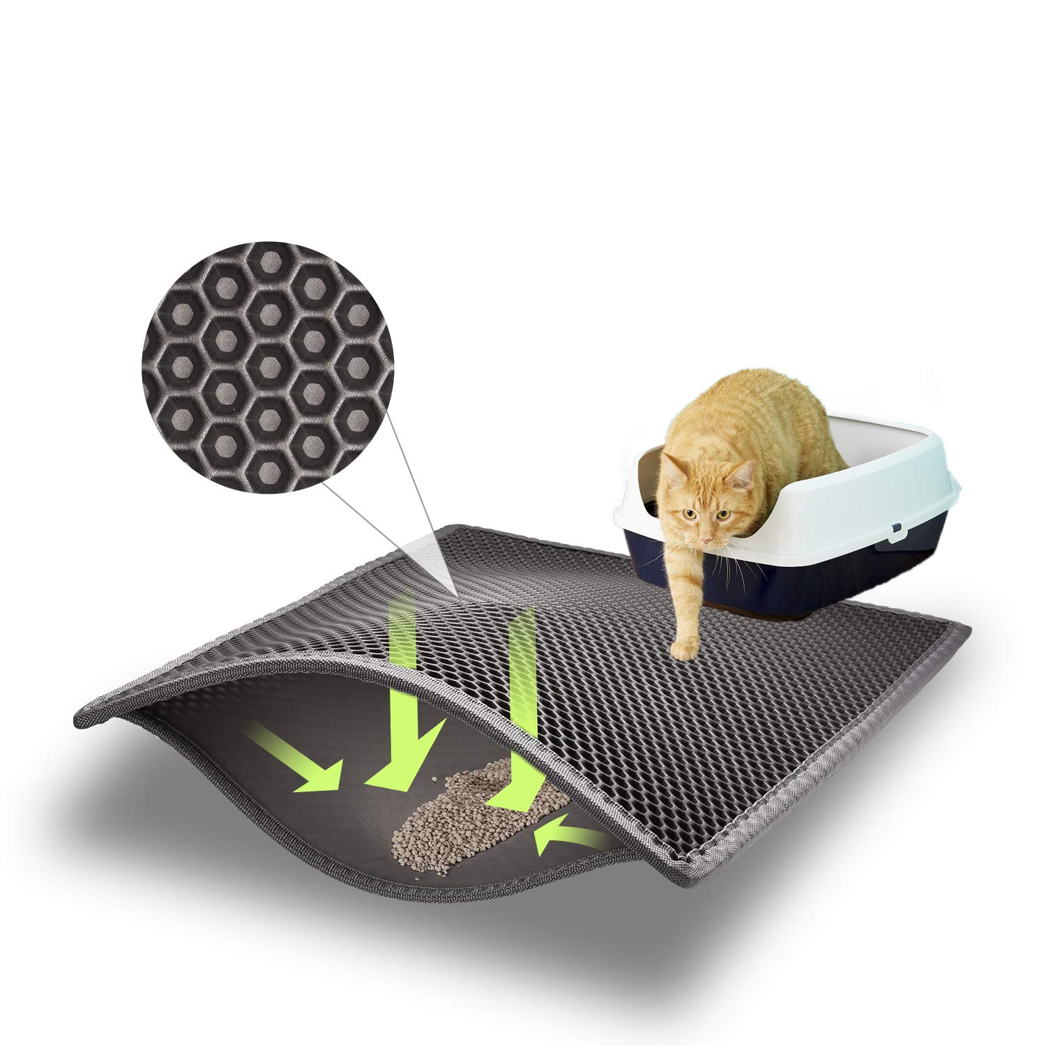 ASOBEAGE Katzenklo Matte, Katzenstreu Unterleger Waben Design Vorleger wasserdichte Doppelte Schichte Entwurf Bienenwabe,76 * 61cm (Grau)