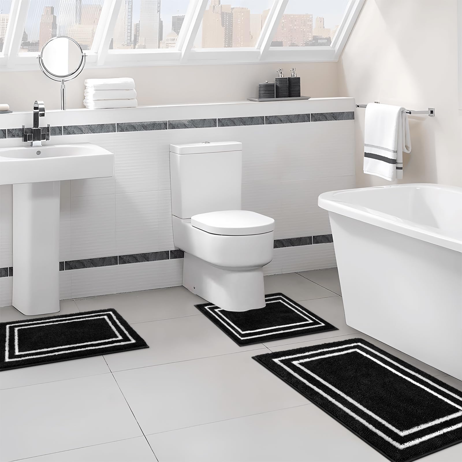 Uphome Juego de 3 tapetes de baño de microfibra suave lanuda con tapete de inodoro en forma de U, absorbentes, antideslizantes, lavables, tapetes de baño modernos geométricos negros para fregadero,