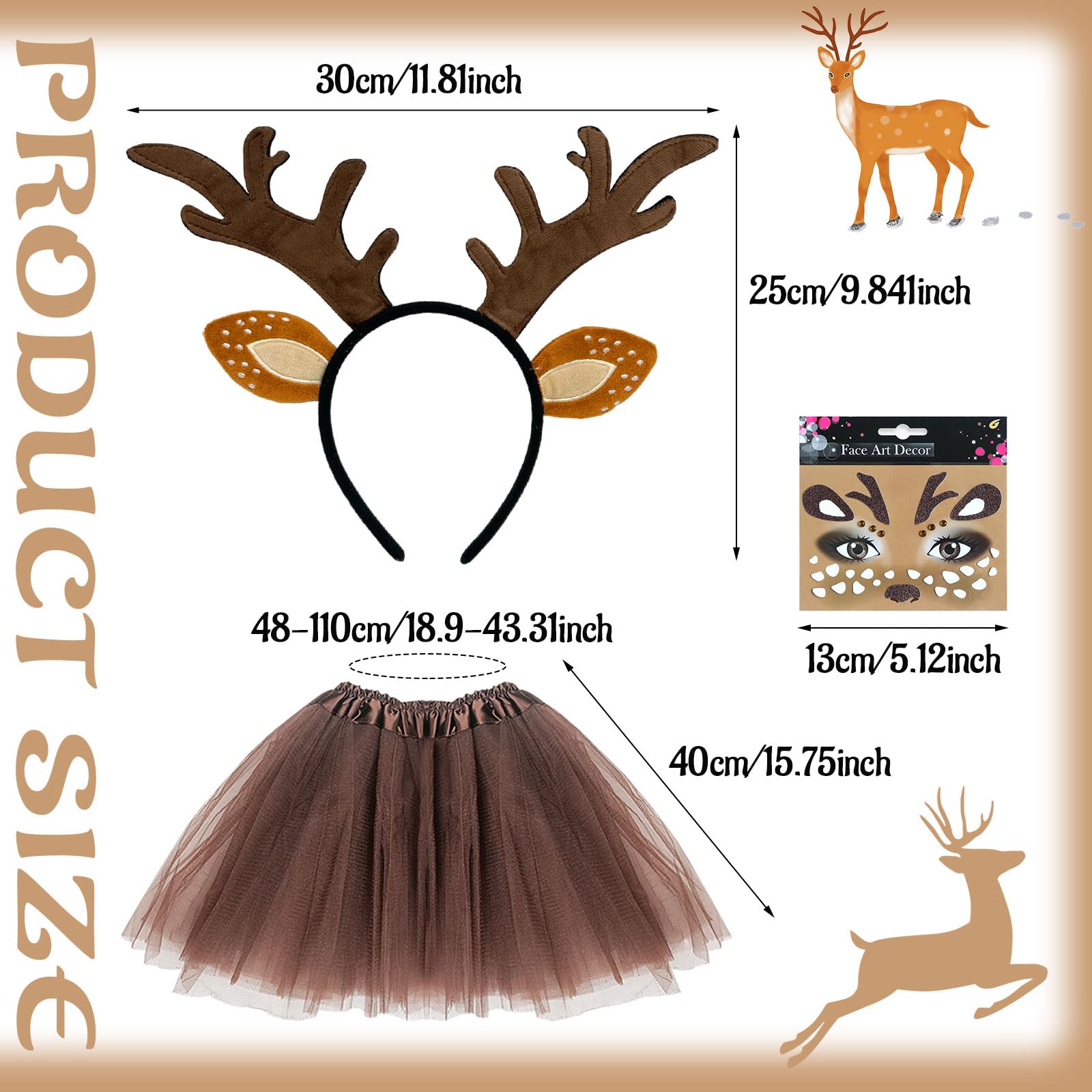 SAIIURV 3 Pieces Reindeer Headband Costume For Women Halloween Deer Antlers Horns Deer Ears Headband Deer Face Tattoo Stickers Adults Princess Tutu Skirt - Image 2