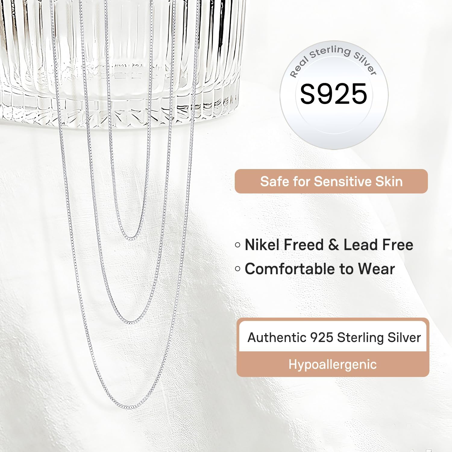 1.3MM Box Chain 925 Sterling Silver Chain Necklace for Women, 14K Gold Plated Chain for Women, Women's Chains Necklace 14 16 18 20 22 24 26 Inch