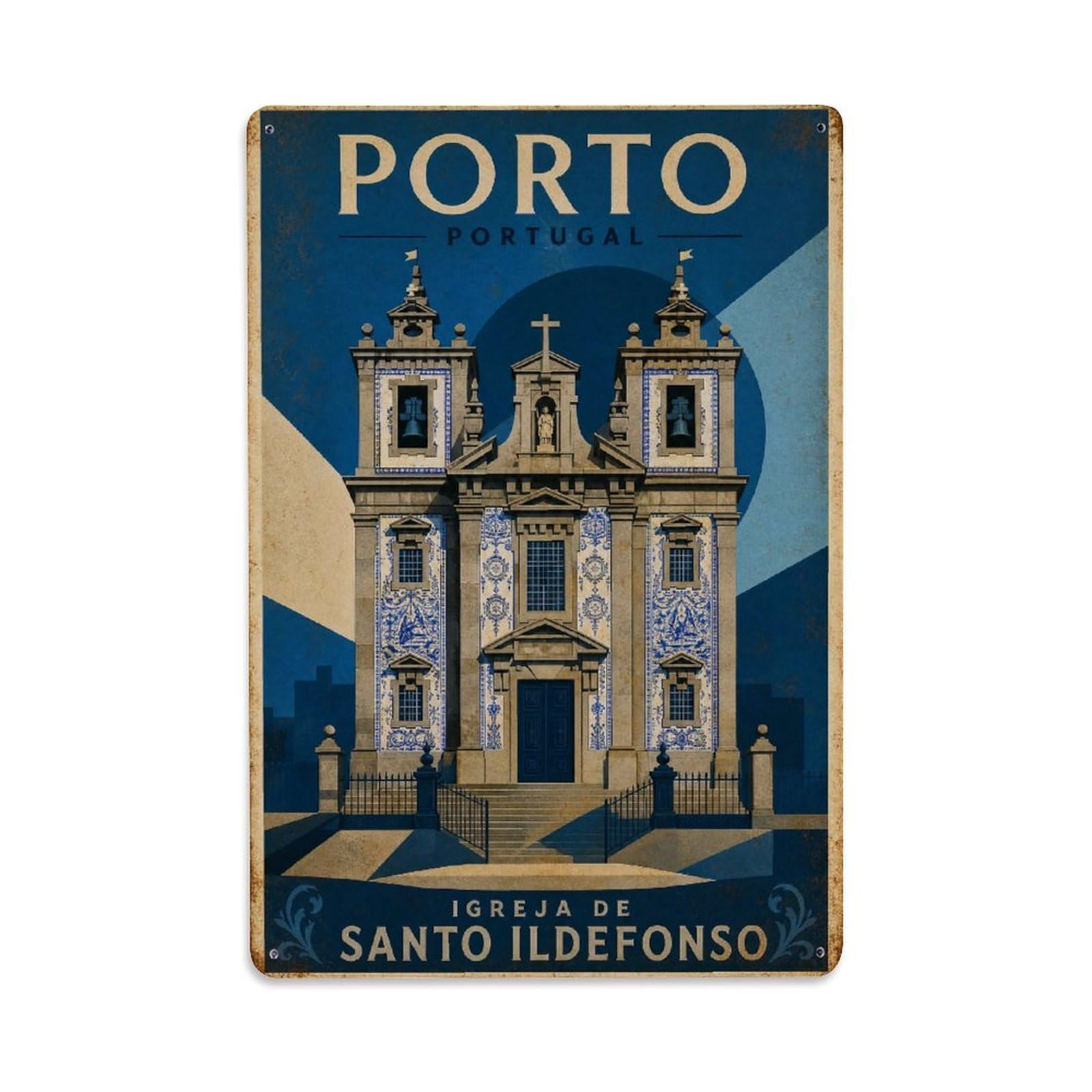 Huiyhb 8X12inch(20X30cm) Vintage Travel Ildefonso Church Blue Tiles Baroque Portugal Metal Tin Sign