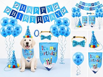 Kedi ve K pekler  in Evcil Hayvan Do um G n  Parti Seti, Happy Birthday S sleme, Pati Desenli Balonlar, Parti  apkas , Papyonlu Tasma ve Fular Mavi