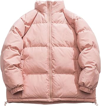 Mens Puffy Quilted Down Jackets Long Sleeve Zip Up Winter Coats Trendy Windproof Hiking Ski Bubble Coat Pink,X-Large
