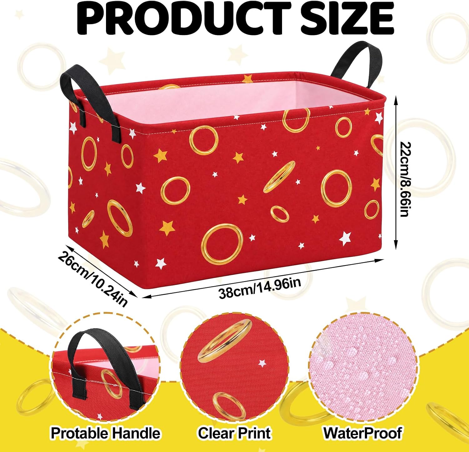 RattanView 3 Pcs Back to School Storage Bins Golden Ring Storage Baskets | First Day of School Party Supplies, Cartoon Red Blue Yellow with Gold Ring Organizer with Handles, About 15 x 10 x 8.7 Inch