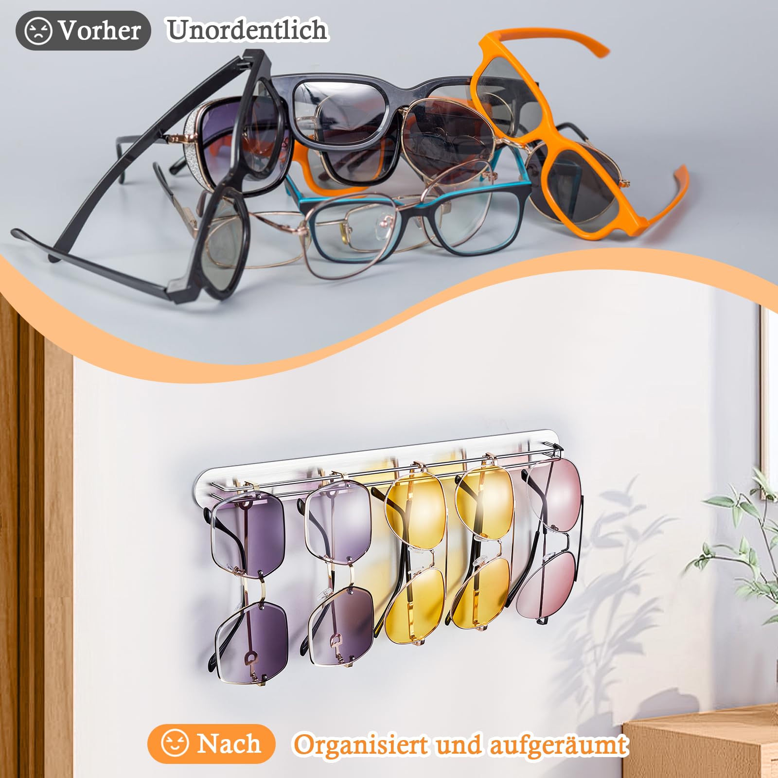 Brillenhalter Wand, Brillenständer für Mehrere Brillen, Sonnenbrillen Aufbewahrung, Selbstklebende Brillenablage, Brillenaufbewahrung, Brillenregal, Sonnenbrillenhalter Organizer (Silber, 2 Stück)