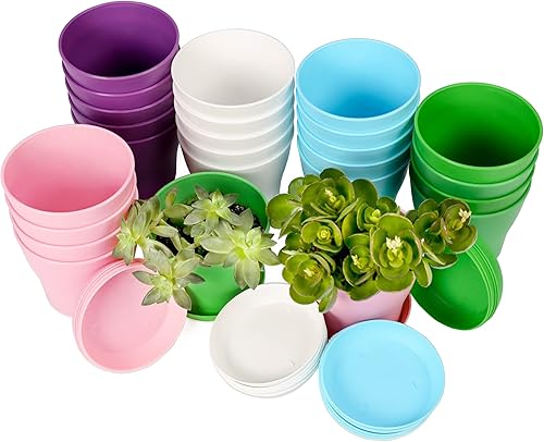 TDHDIKE 25 macetas de plástico para interiores, mini plantas de semillero de flores, maceta de viveromaceta con paleta, contenedores decorativos