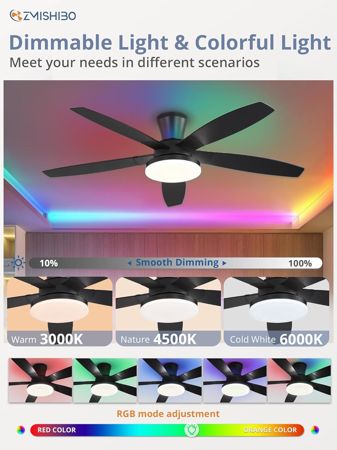 ZMISHIBO 52 inch RGB Ceiling Fans with Lights and Remote/APP Control,Black Low Profile Ceiling Fan with Quiet DC Motor,LED Dimmable, Modern Flush Mount Ceiling Fan for Bedroom Indoor,Party, Patio