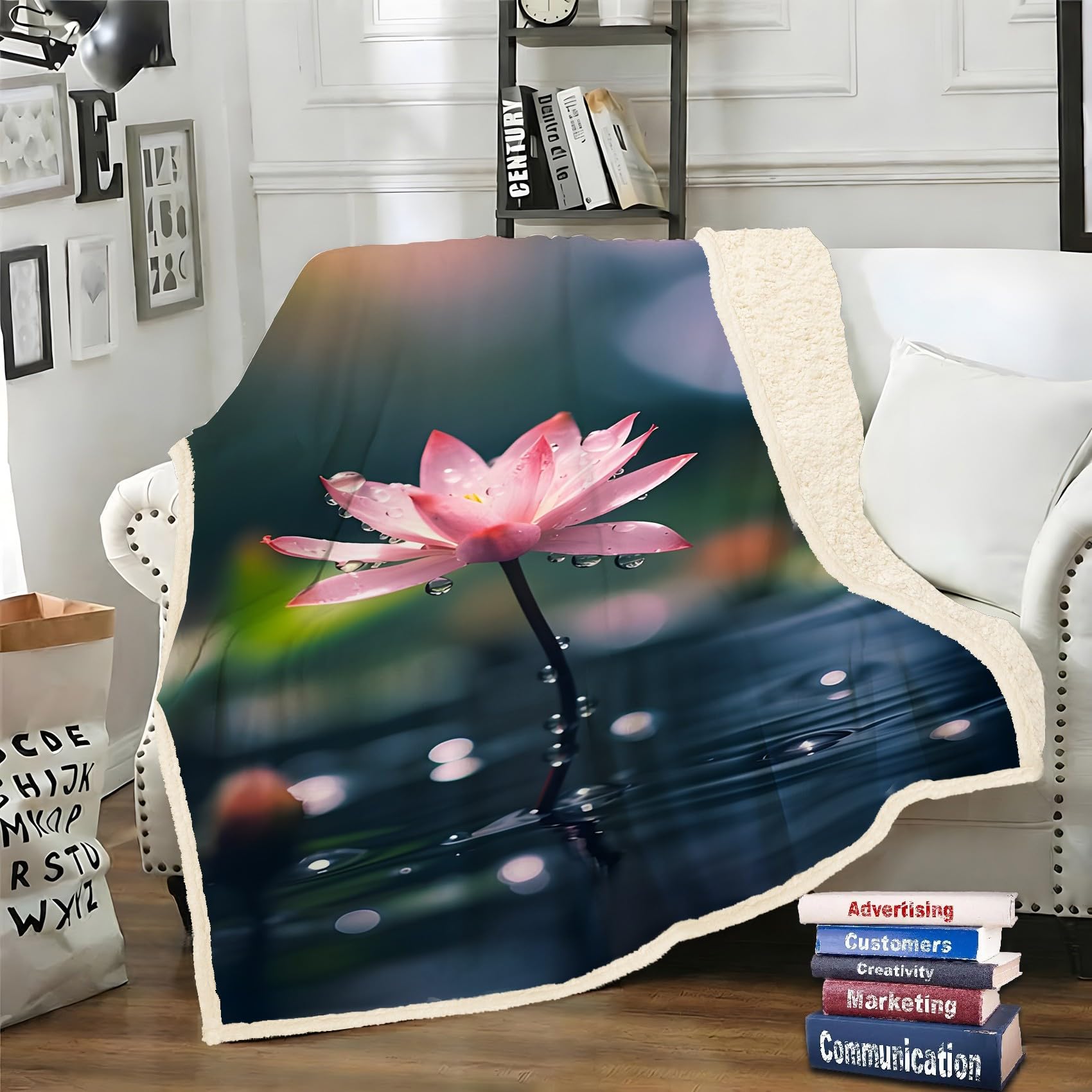 LLSZAHD Pink Lotus Sherpa Blanket Flowers Thermal and Soft Fleece Throw, Fluffy Bed Throw or Sofa Blanket for Large Sofa, 150 x 230 cm