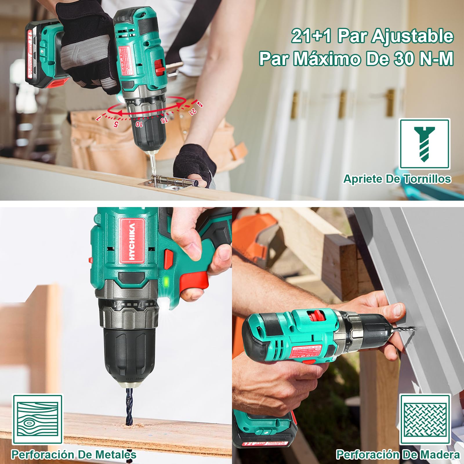 HYCHIKA Perceuse Visseuse Sans Fil 12 V 30 N.m 21+1 Réglages Couple 2 Vitesses 26 Accessoires LED Bricolage