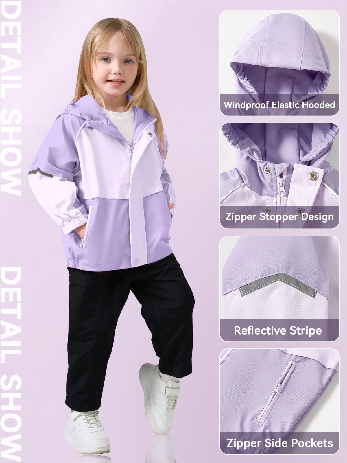 Miipat Chaqueta Impermeable para Niñas, Chaquetas Anti Viento Ligera con Capucha con Bolsillos con Cremallera Chaqueta de Lluvia para Niños y Niñas