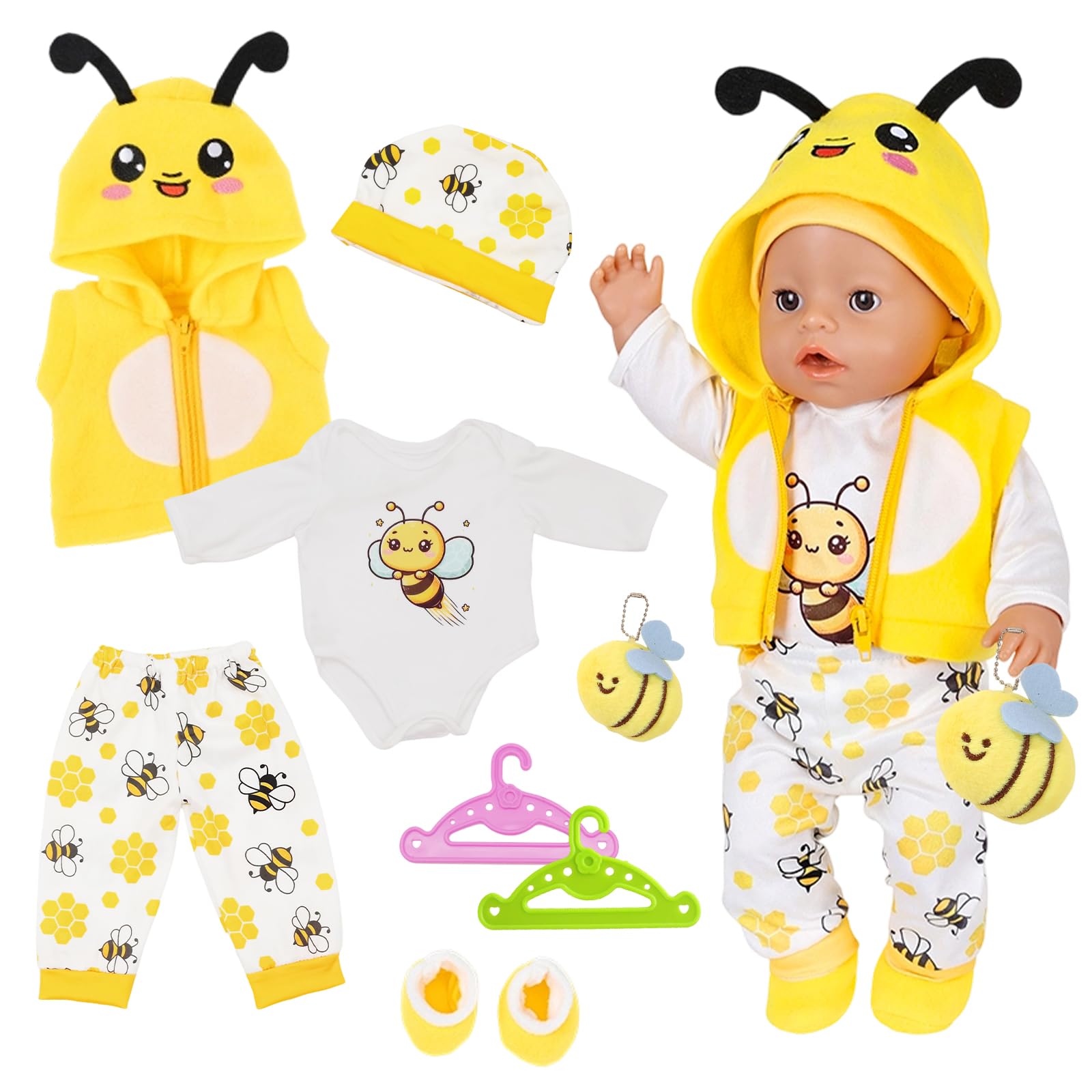 Doll Clothes Bee Outfits for 14-17 Inch NewBorn Baby Dolls, Yellow Bee Hooded Jacket Doll Clothes with Jumpsuit Trousers Socks Bee Toy 2 Hangers, Clothes for 35-43cm Baby Dolls Birthday Gift for Girls