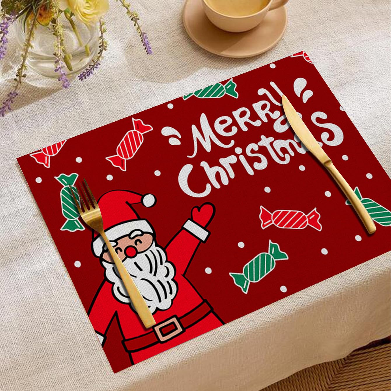 Lot de 6 sets de table carrés en lin Motif Père Noël