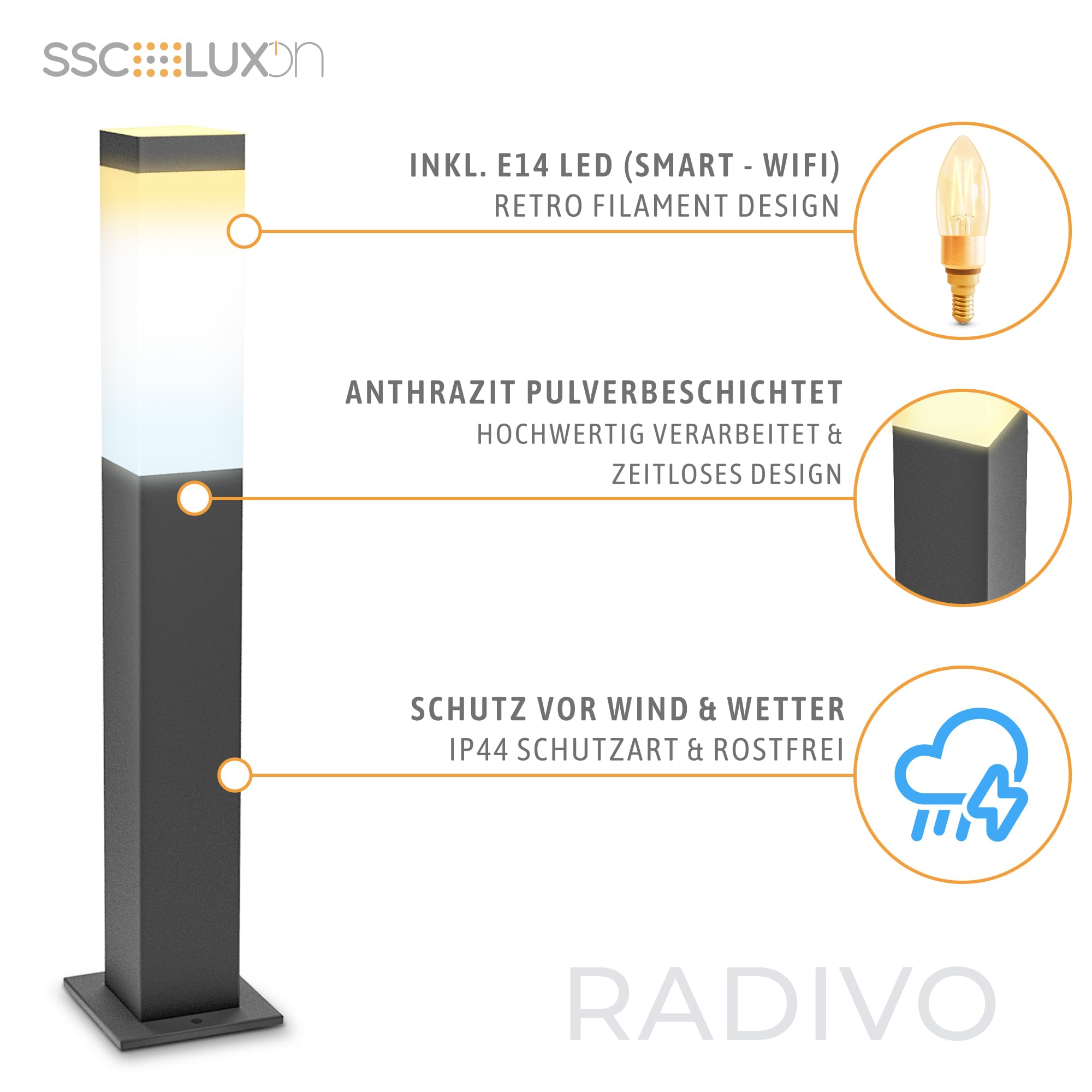 SSC-LUXon RADIVO Wegeleuchte Außen mit LED Kerze E14 steuerbar via App WLAN dimmbar CCT - Sockelleuchte kompatibel mit Amazon Alexa