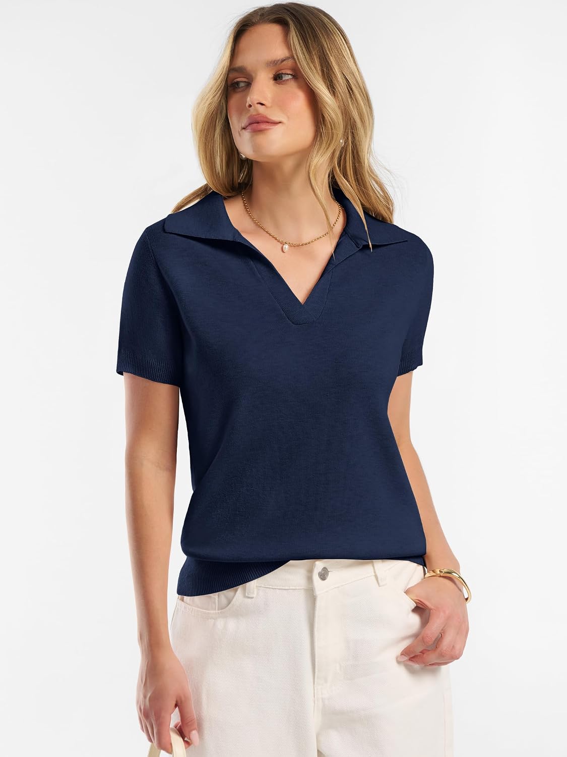 ANRABESS Women Short Sleeve Sweater Wool Blend Polo V Neck Shirts Summer Dressy Top Business Casual Spring Vacation Clothes