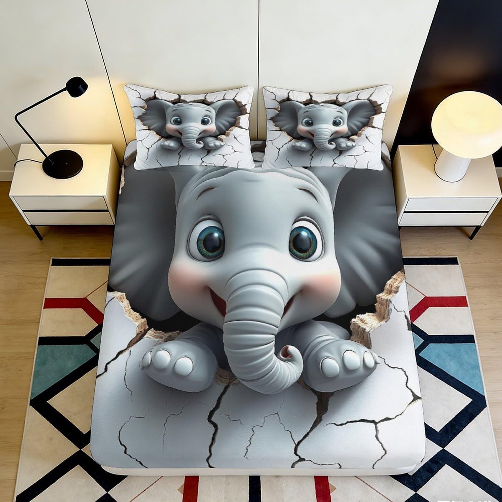 3D Printed Cartoon Elephant Fitted Sheet Microfiber Soft Grey Animal Bed Cover for Bedroom Dorm Mattress Decor 90x200x25cm