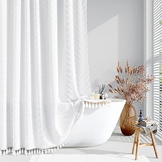 Dynamene Boho Farmhouse Shower Curtain, White Fabric Tufted Chevron Striped Textured Tassel Shower Curtains for Bathroom, Water Repellent, Minimalist Ruffled Cloth Shower Curtain Set with Hook, 72x72